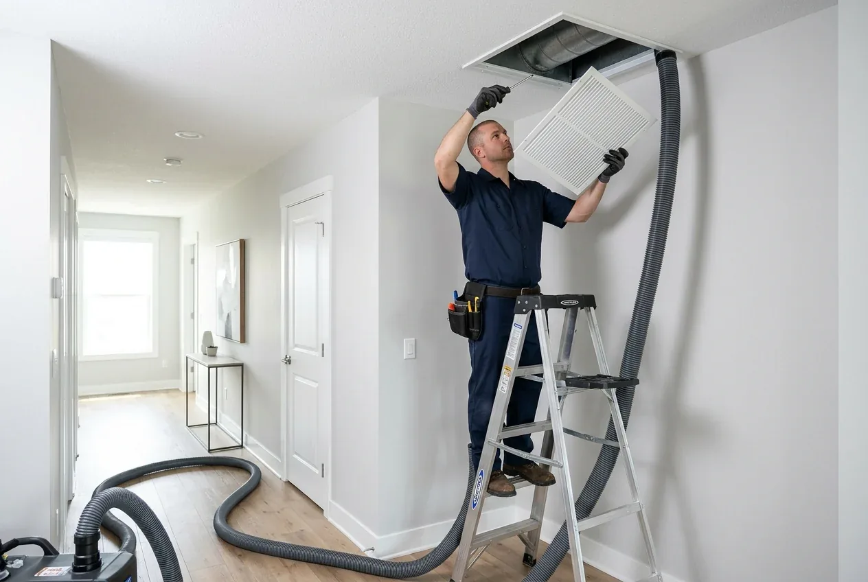 Technician removing a ceiling air conditioning vent for duct cleaning