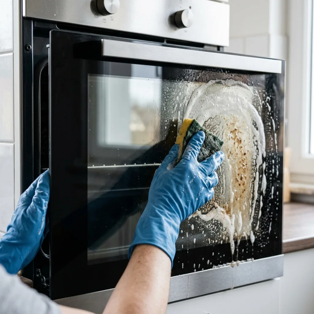 Gloved hand scrubbing an oven interior, half grimy and half spotless