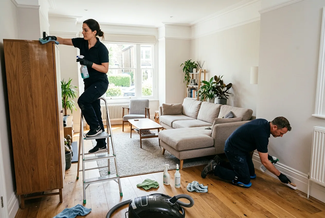 Deep cleaning crew working inside an empty apartment with professional equipment