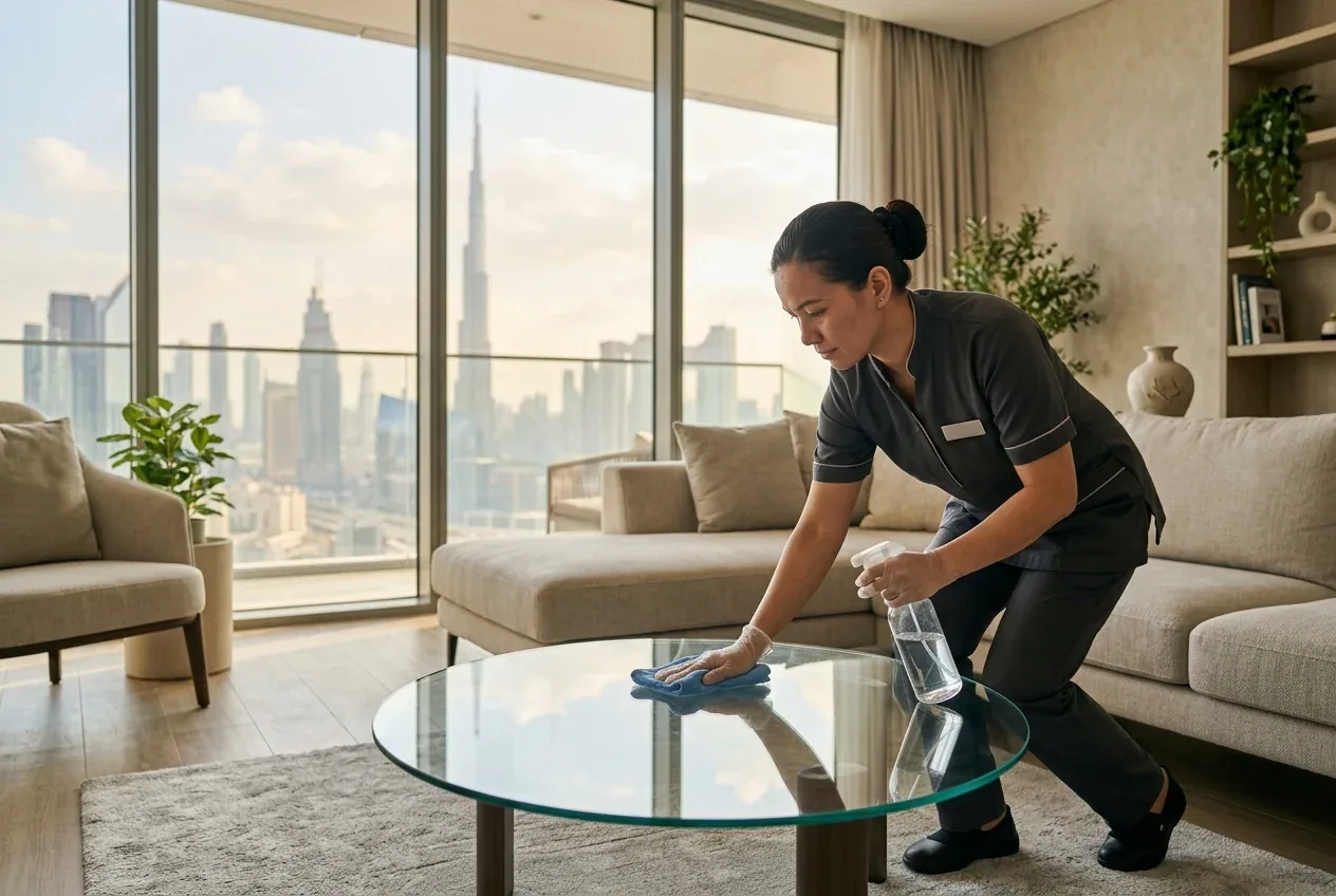 Cleaner in uniform wiping a glass table in a bright Dubai apartment with the skyline behind
