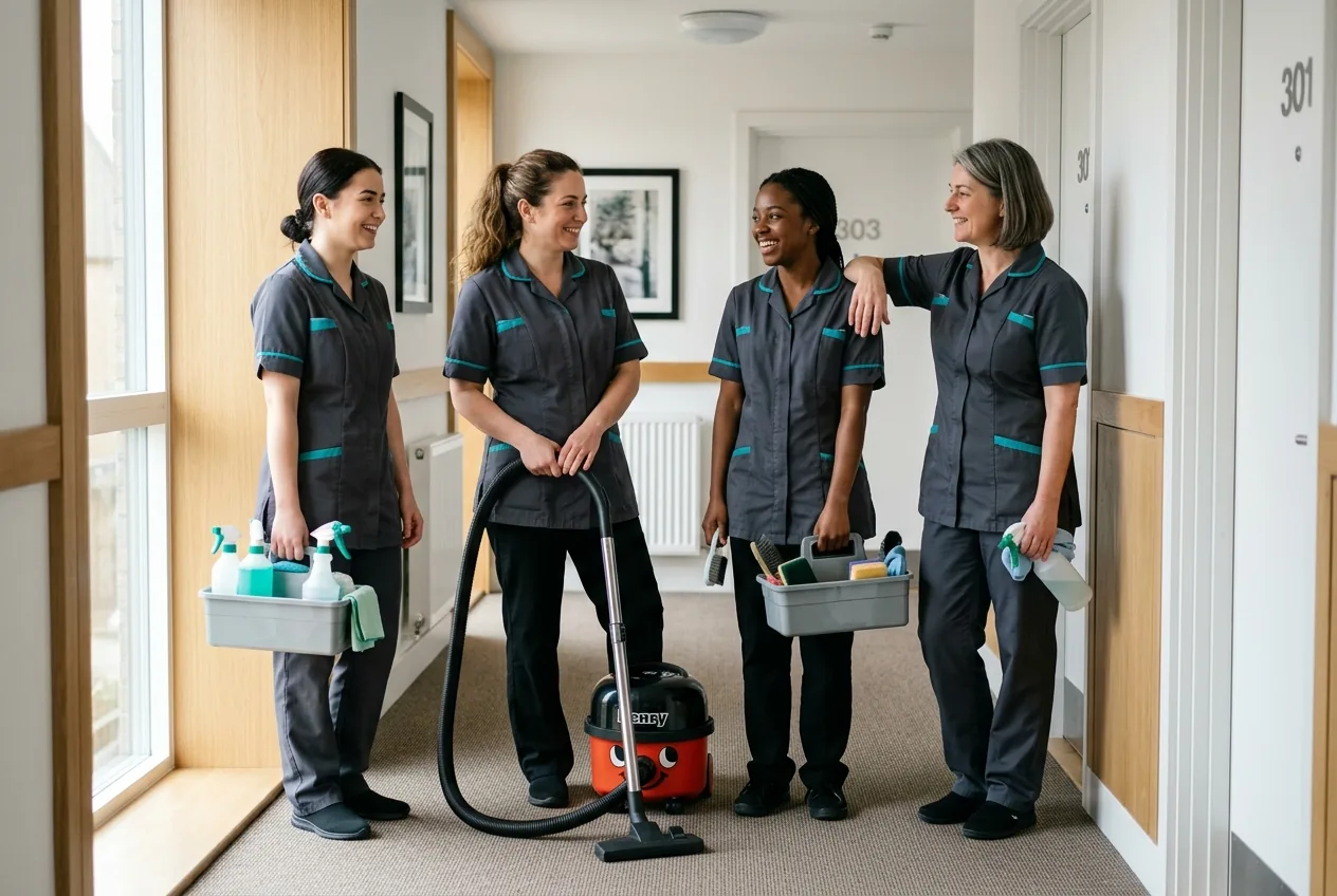 Team of professional cleaners in matching uniforms standing in a bright Dubai apartment