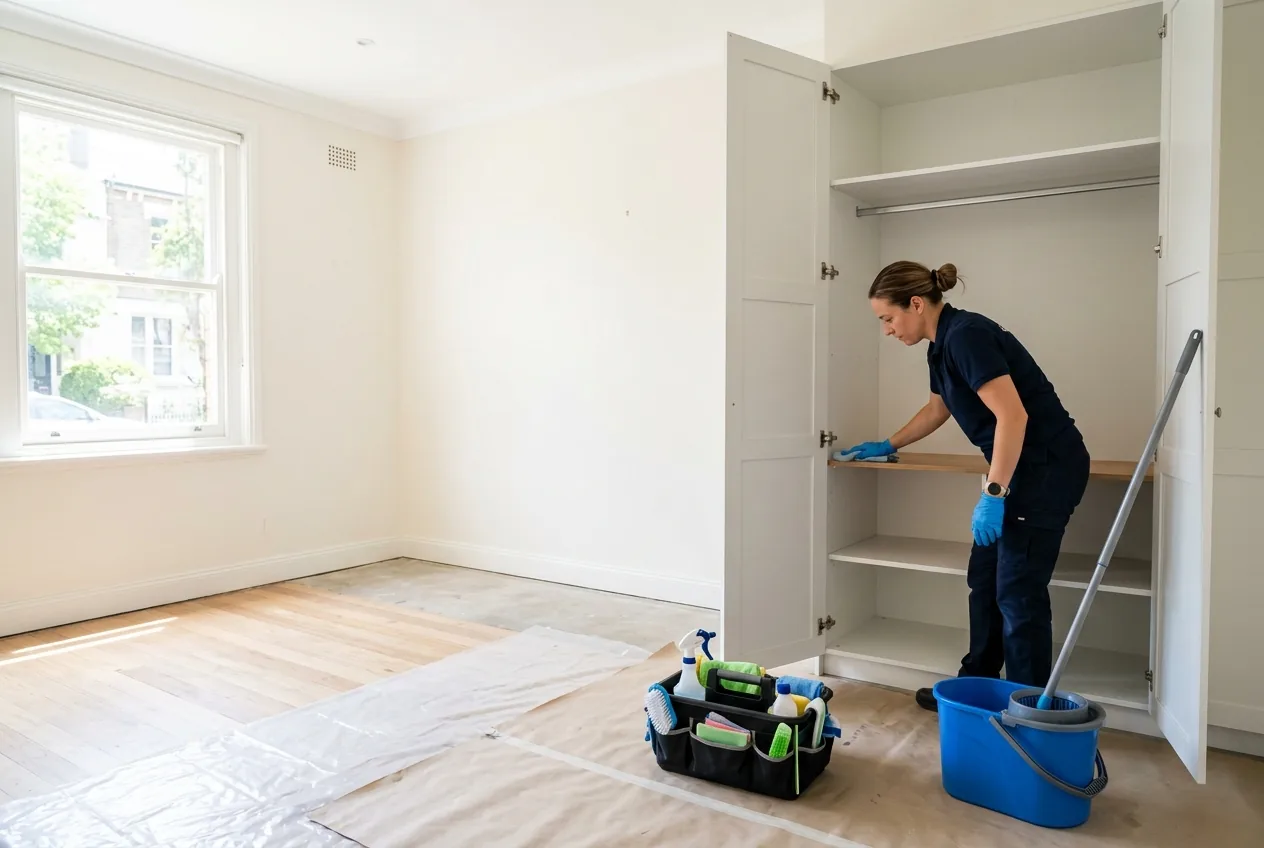 Cleaner wiping inside empty kitchen cabinets during a move-out clean