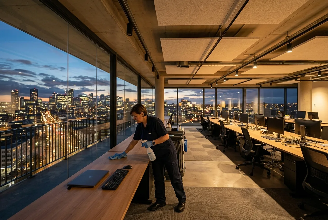 Commercial cleaning team working in a modern open plan office in the evening