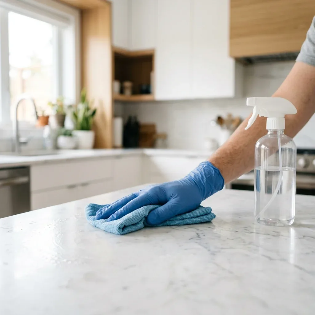 Cleaner wiping a marble kitchen countertop during a routine maid visit