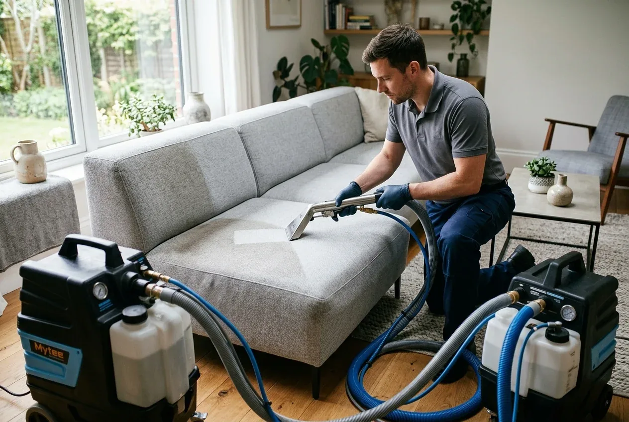 Technician steam cleaning a grey fabric sofa in a living room